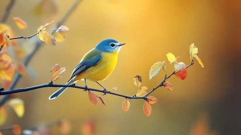 Blue and yellow bird on autumn branch in soft, warm light.