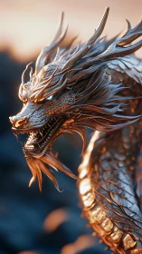 Sunrise-forged dragon sentinel with molten metal scales.