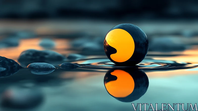 Glowing yin yang sphere floating on reflective water surface.