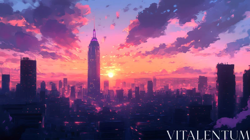 Neon dusk skyline where sunset paints a dreaming city.