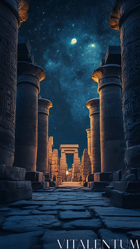 Ancient stone colonnade aligns with starry night sky