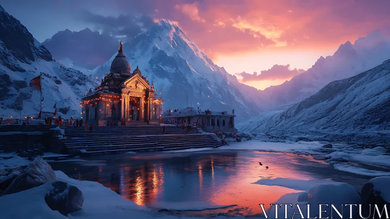 Mountain temple glowing at sunset beside a quiet river.