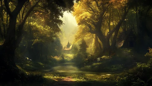 Enchanted Forest Path Glows With Golden Sunlight