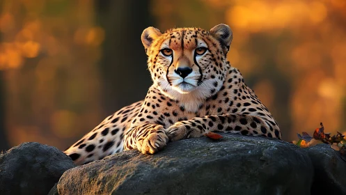 Cheetah resting on stone surface with amber bokeh background.