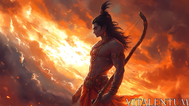 Warrior archer deity in flaming dusk skyside profile