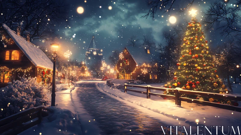 Snow-covered village street with illuminated Christmas tree.