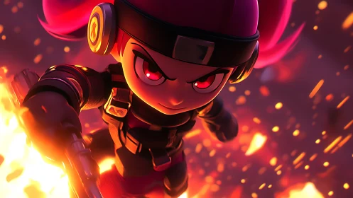 Fiery chibi warrior charges forward with bold, blazing energy