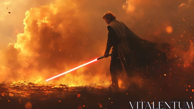 Cloaked warrior with red energy blade traverses high-temperature lava field