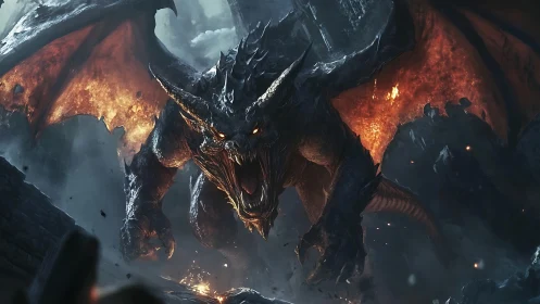 Volcanic-winged apex dragon in mid-assault atmospheric charge.