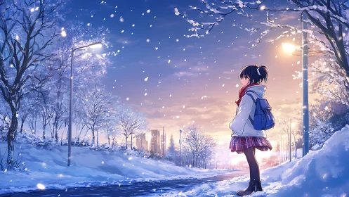 Soft winter sunrise welcomes a thoughtful girl on her walk