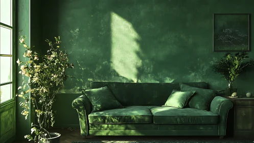 Emerald velvet sofa in monochrome green interior sunlight study.