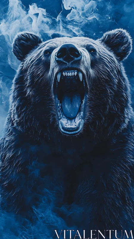 Roaring blue bear unleashes raw power in swirling mist