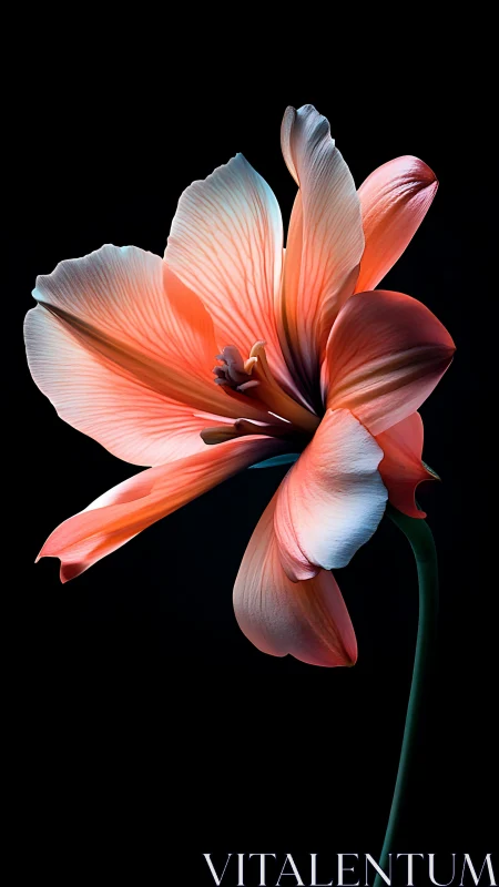 Coral pink amaryllis flower isolated on deep black background.