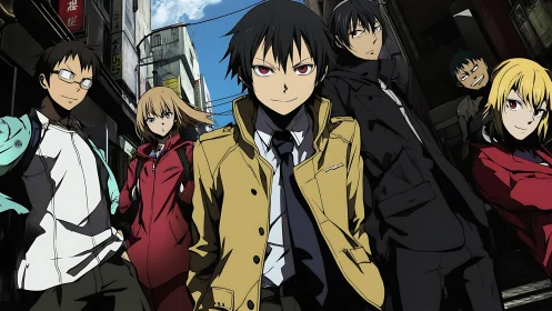 Streetwise anime crew stalking neon alleys with cool resolve.