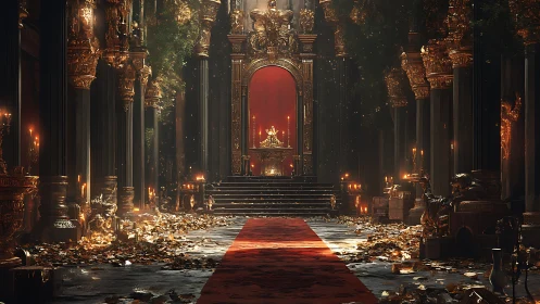 Golden throne hall glows amid fallen leaves and candlelight.