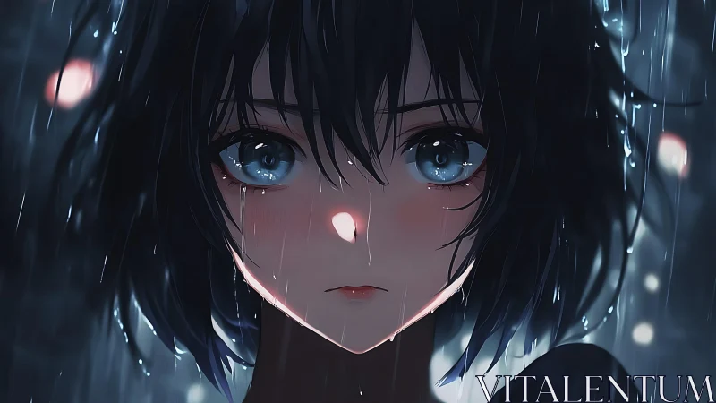 Rain-soaked anime portrait applies rim lighting and bokeh depth cues