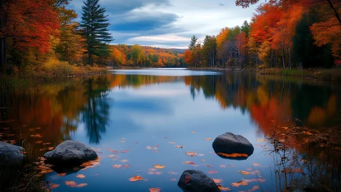 Calm autumn lake reflects fiery forest under soft evening sky