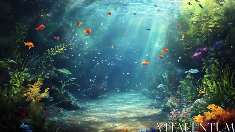 Sunlit coral ballroom where tiny orange fish drift slowly.