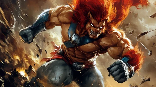 Rampaging lion-warrior detonates earth with primal fury.