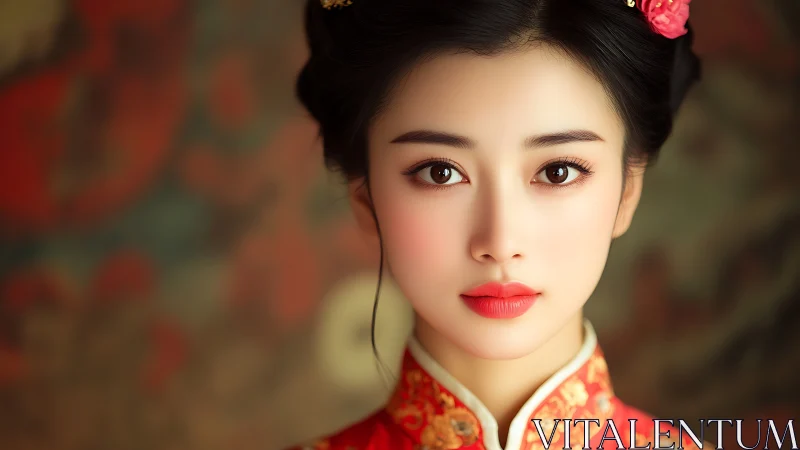 Portrait shows digital rendering of woman in red embroidered dress