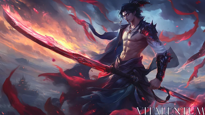 Bare-chested swordsman holds glowing blade amid storm sky