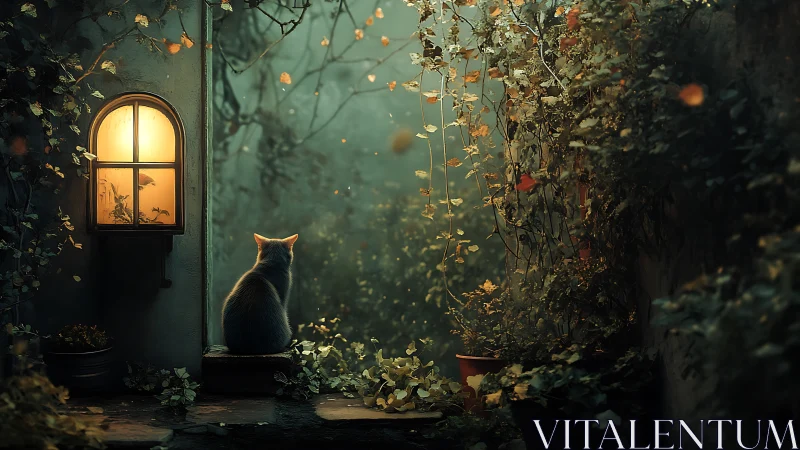 Cat under lantern watching misty enchanted garden at dusk.