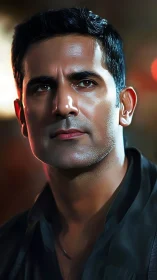 Midnight resolve on a neon-lit stranger’s face.