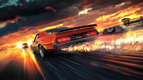 Sunset street racers blazing into a bold, fiery horizon.