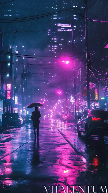 Neon rainwalk under city lights and soft electric skies.