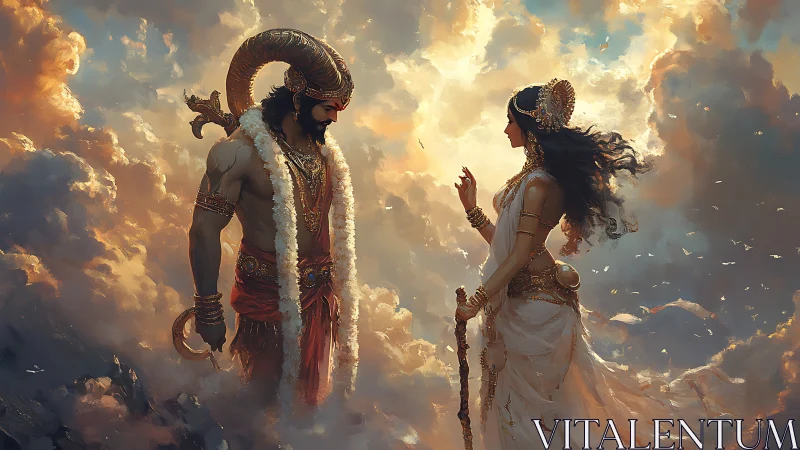 Mythic man and woman in ornate attire amid cloudscape.