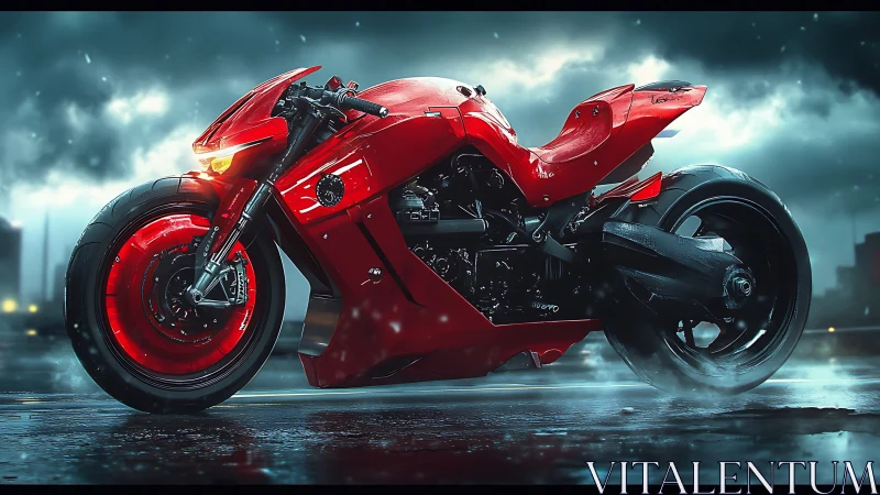 Futuristic red superbike rendered in cinematic rainy streetscape