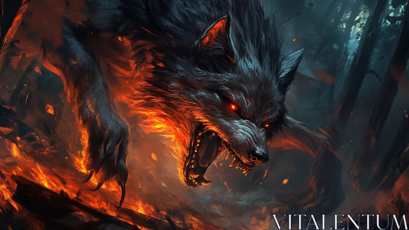Infernal wolf lunges through burning forest battlefield.