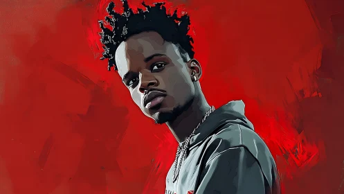 Scarlet echoes crown a calm gaze in stylized portrait