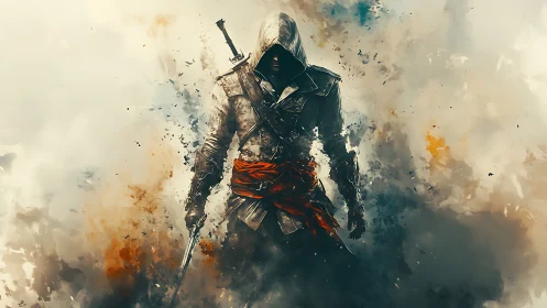 Hooded rogue warrior emerging through swirling battle smoke.