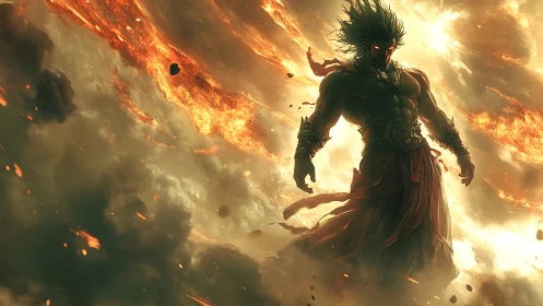 Mythic fire warrior emerging from blazing storm clouds.