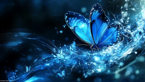 Luminous blue butterflies burst from swirling liquid light.