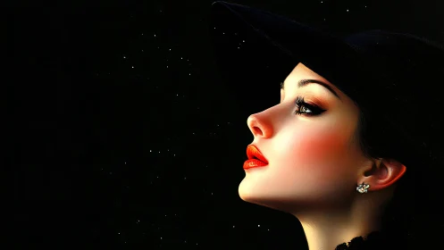 Profile portrait in shadow with vivid red lips glow.