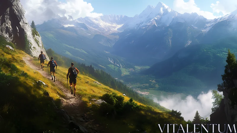 Mountain hikers traverse sunlit alpine ridge trail.