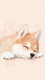 Sleeping corgi puppy illustration in soft pastel minimalism.
