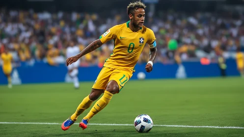 Dynamic Brazilian winger controlling ball in full sprint motion.