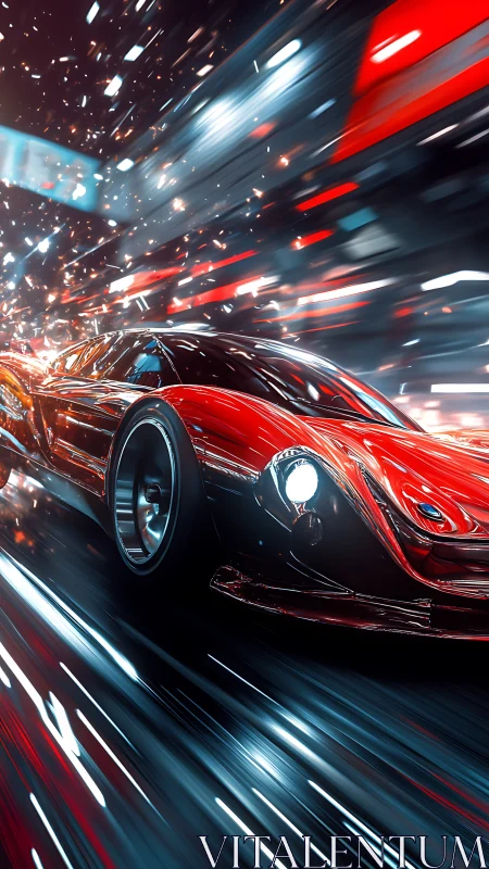 Velocity-swept red hypercar slicing through neon night streets.