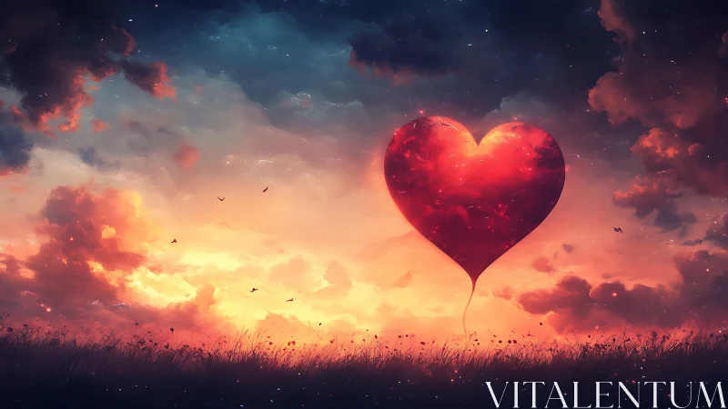 Heart Balloon Floats Through Cosmic Sunset Sky