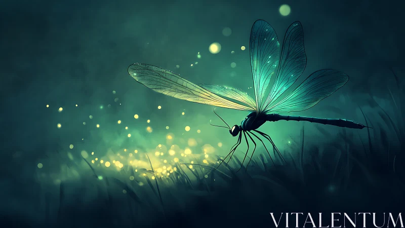 Dragonfly rests in glowing grass against teal night haze