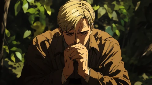 Blond anime man sits outdoors with hands clasped in thought