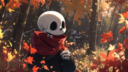 Skeletal figure in red scarf standing in sunlit autumn forest