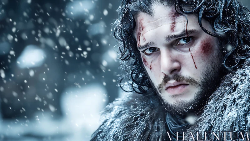 Storm-eyed warrior in blizzard, scarred by winter’s blades.