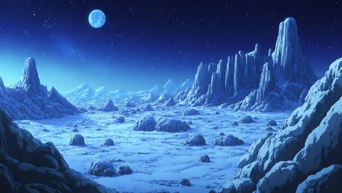 Frozen alien landscape under bright blue moonlit sky.