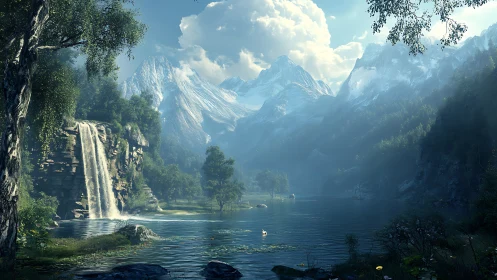 Peaceful mountain lake and waterfall wrapped in gentle light.