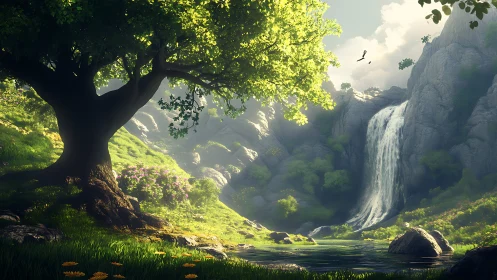 Sunlit forest waterfall unfolds in a tranquil hidden valley