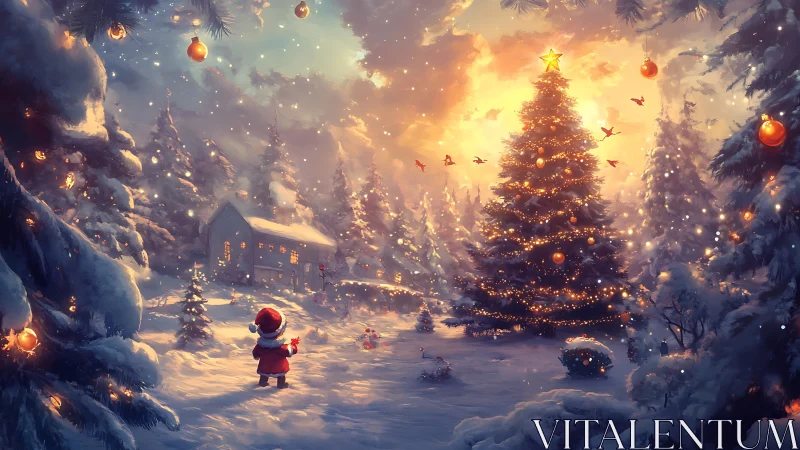 Snowlit child gazes at a glowing Christmas forest wonderland.